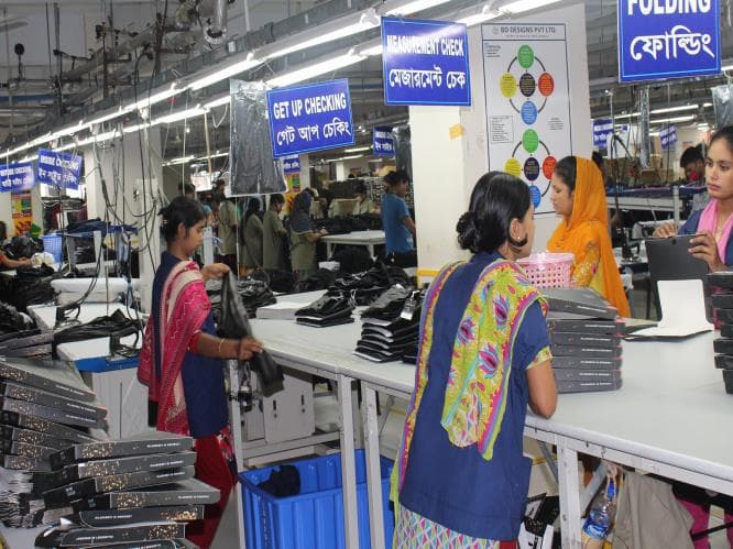 Garment quality control station with measurement check and folding inspection team